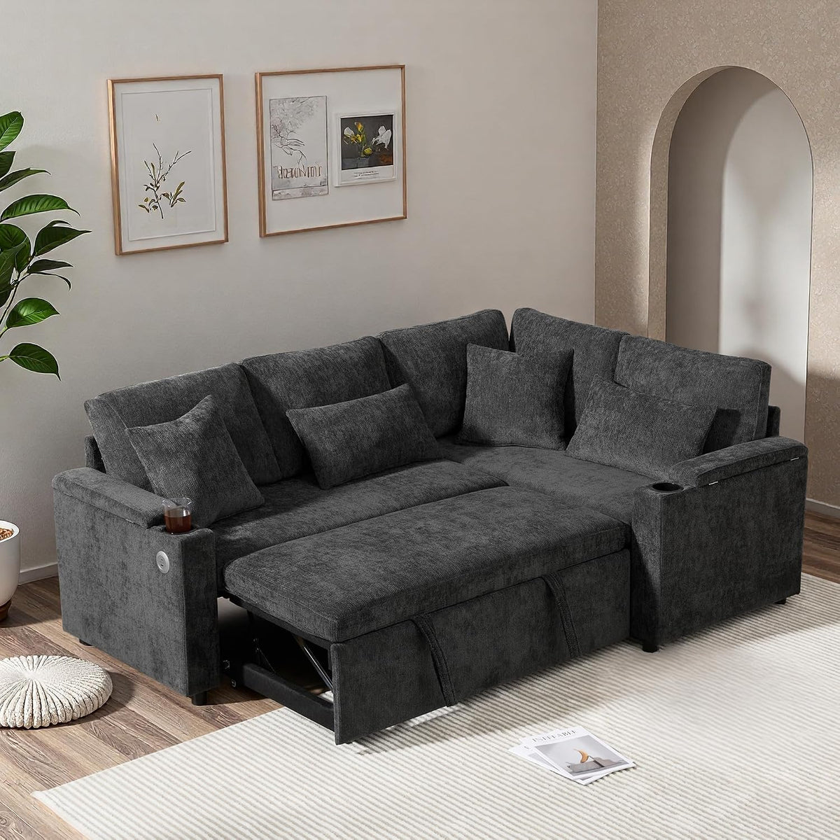 Sofá esquinero extensible en forma de L con puerto USB y portavasos, sofá cama de 4 plazas con función cama, sofá convertible con espacio de almacenamiento y reposabrazos, cojines, chenilla