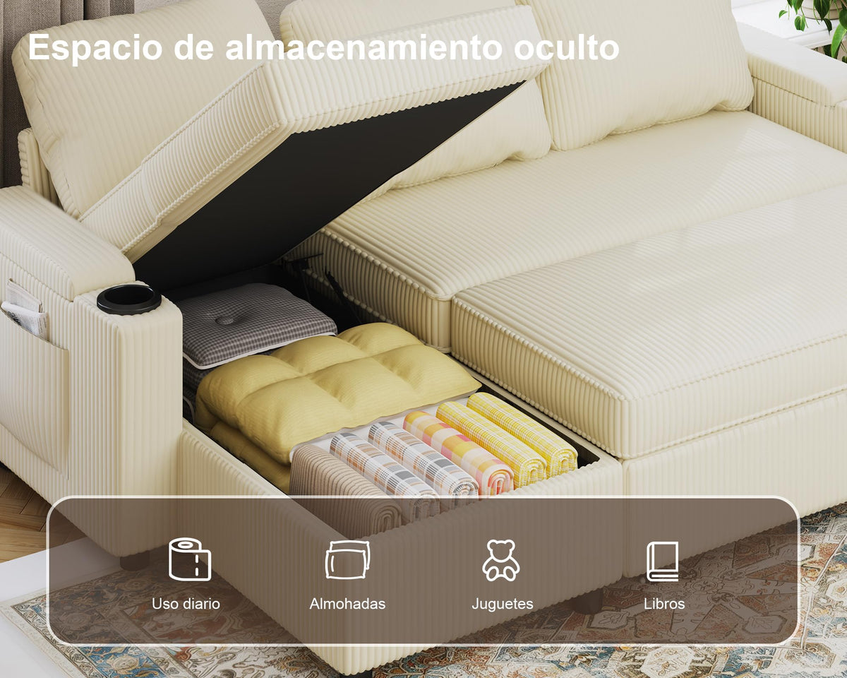 Devoko Sofá Cama L 3 plazas Azul Marino con almacén y portavasos, sofá Convertible Suave para salón y Piso, multifunción con Brazos amplios y Gran almacenaje