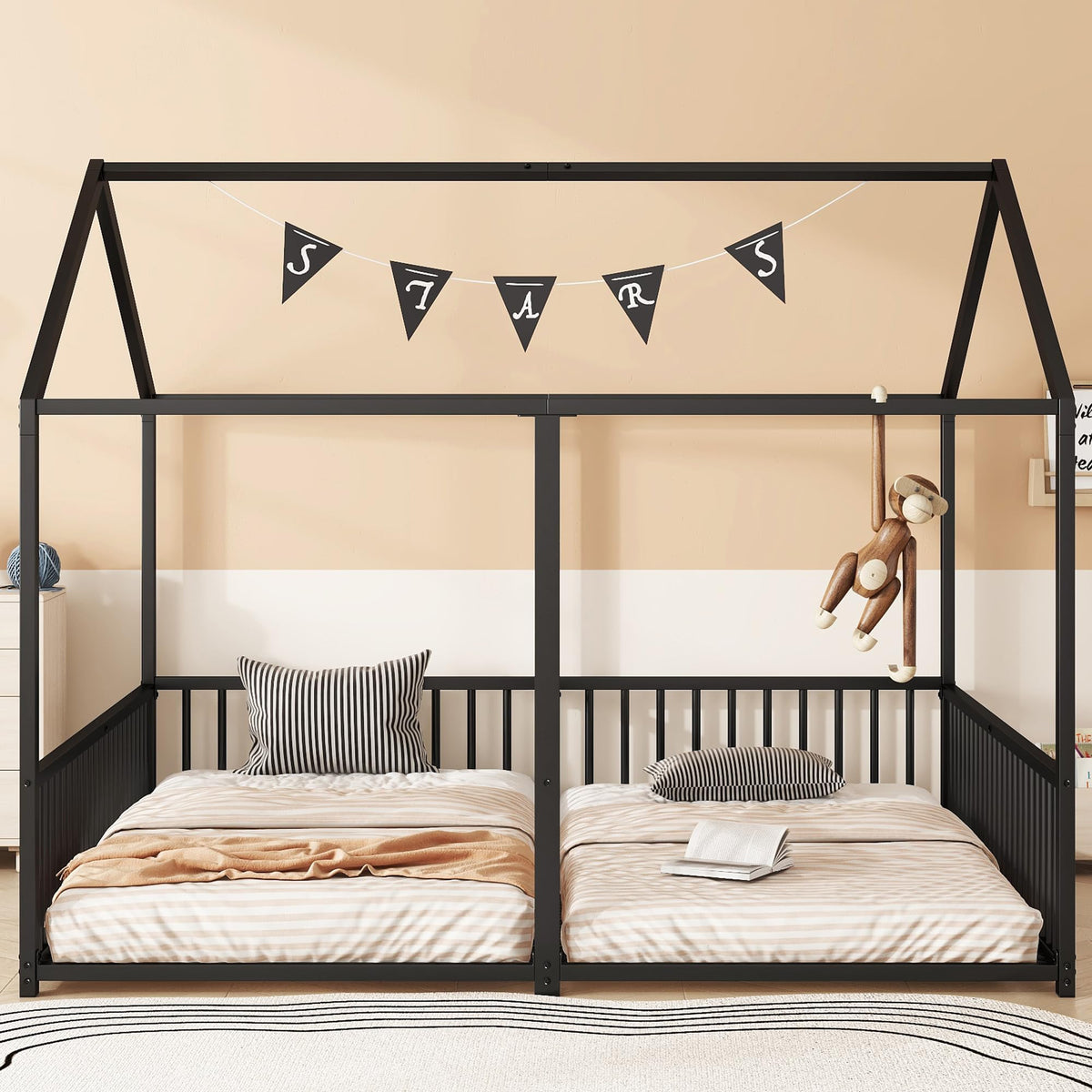 Cama infantil de 90 x 200 cm, dos camas de 90 cm con protección anticaídas, cama doble con modelado de casa, marco de hierro, color blanco, ideal para 2 niños