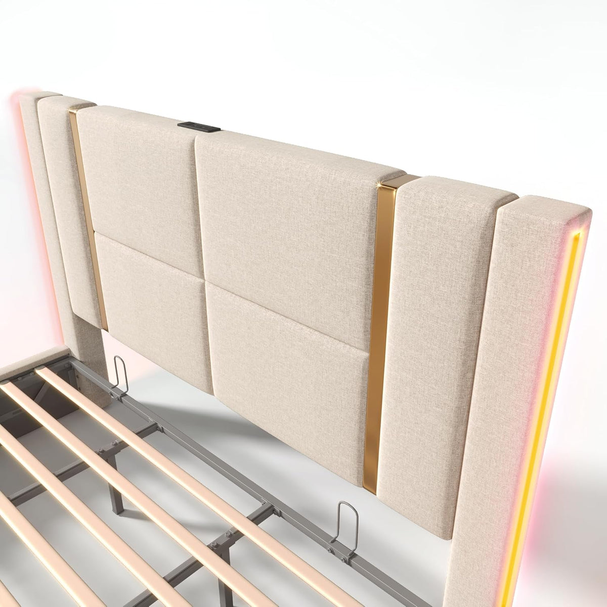 Cama tapizada doble USB tipo C función de carga APP Control LED 180 × 200 cm espacio espacio cama somier de láminas de madera, material de lino beige (sin colchón)