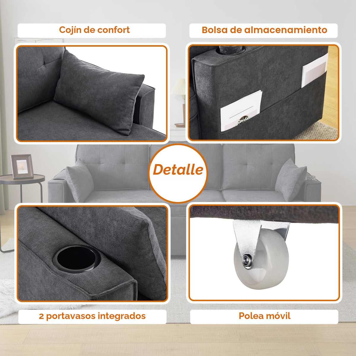 Sofá esquinero extensible en forma de L con puerto USB y portavasos, sofá cama de 4 plazas con función cama, sofá convertible con espacio de almacenamiento y reposabrazos, cojines, chenilla