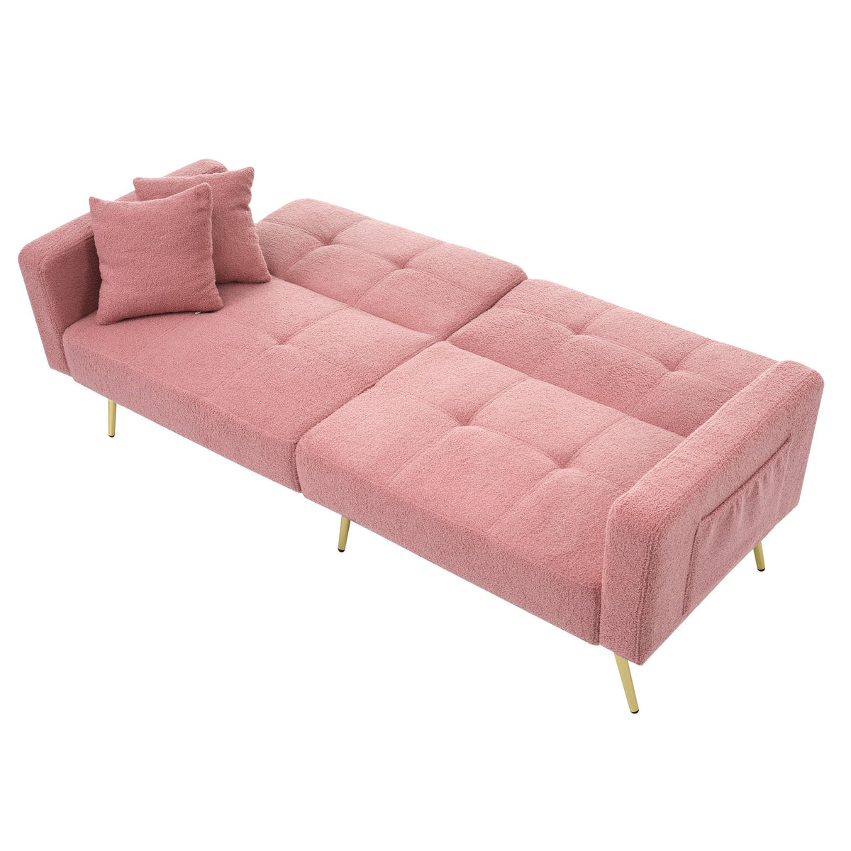 Sofá cama con esquinas ajustables, patas doradas, almohadas y bolsillos laterales para almacenamiento (Bavia)