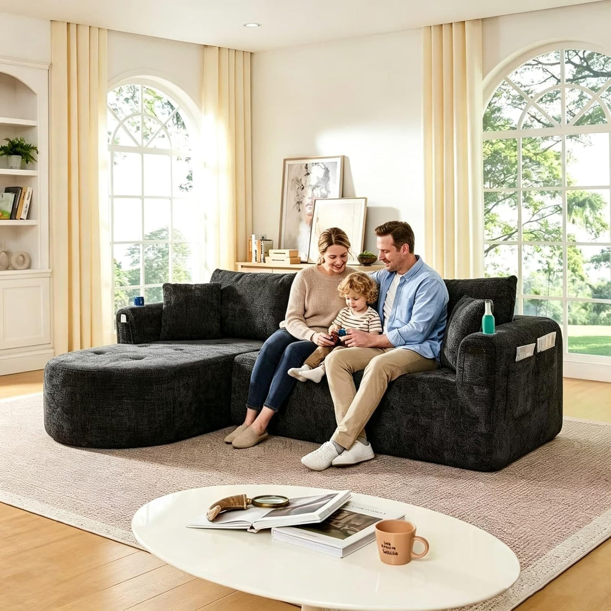 KOMHTOM Sofá Chaise Longue en L con Cojines (Negro)