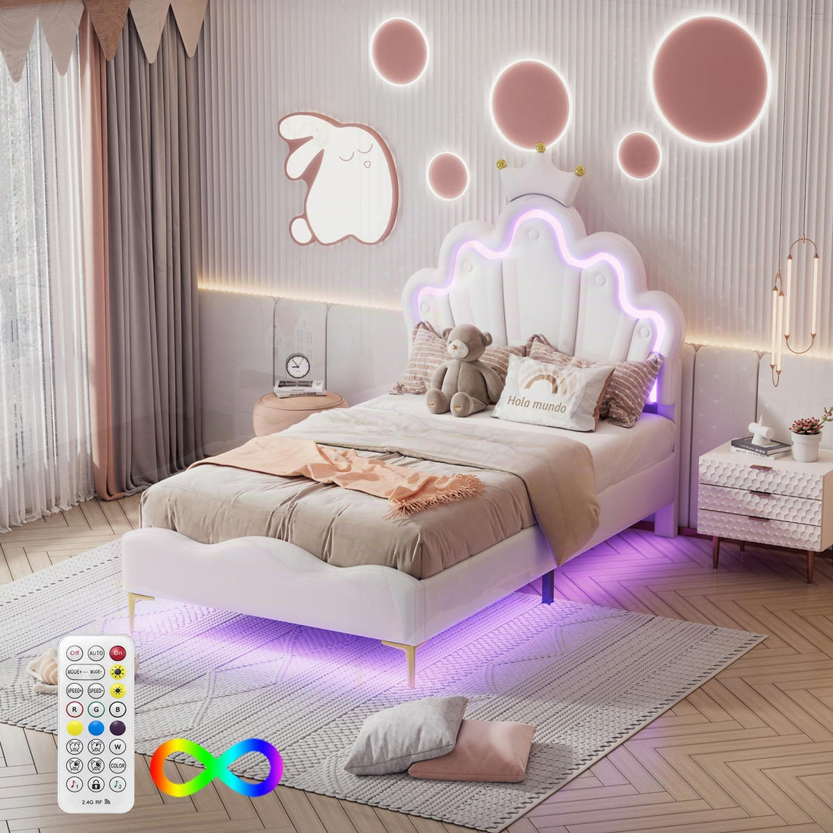 Cama Infantil tapizada 140 x 200 cm con LED, Cama tapizada para niños 140 x 200 con cabecera Ajustable Marco de Camas, Camas de Princesa para Niña en Forma de Corona con Somier(Rosa, 140 x 200)