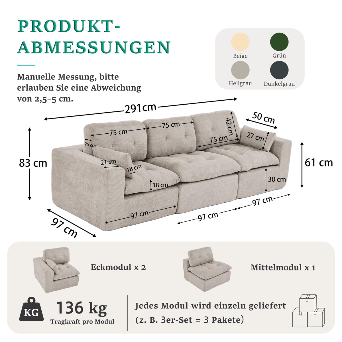 Sofá modular de 3 plazas con función de dormir, asiento extra profundo, felpilla para el hogar, sofá sin marco, sofá cama flexible para salón, verde