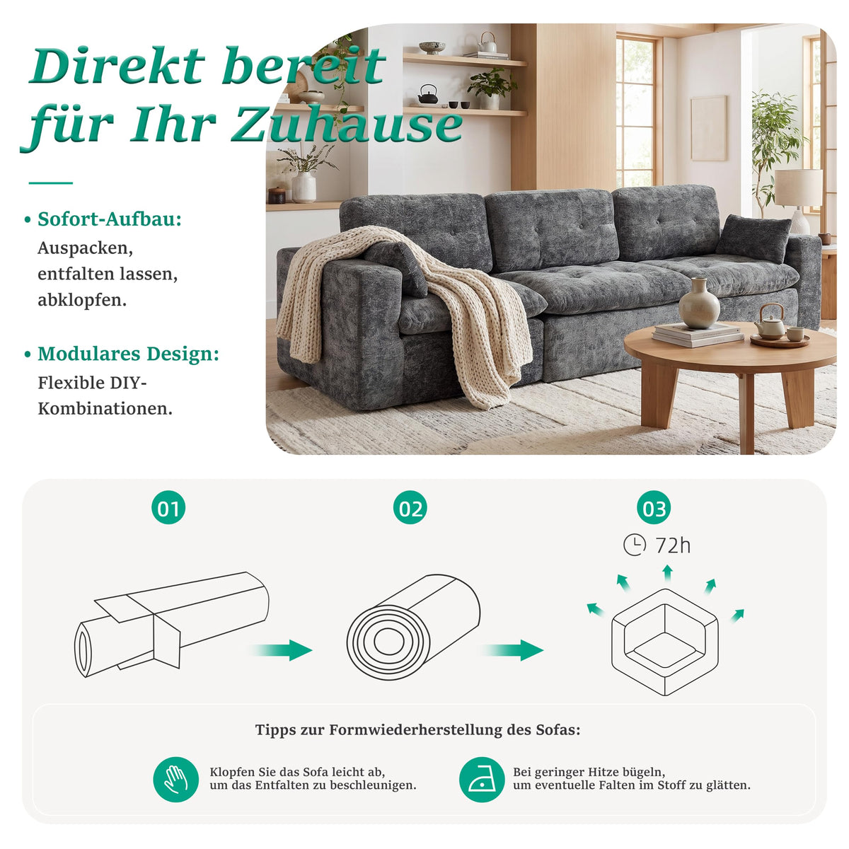 Sofá modular de 3 plazas con función de dormir, asiento extra profundo, felpilla para el hogar, sofá sin marco, sofá cama flexible para salón, verde