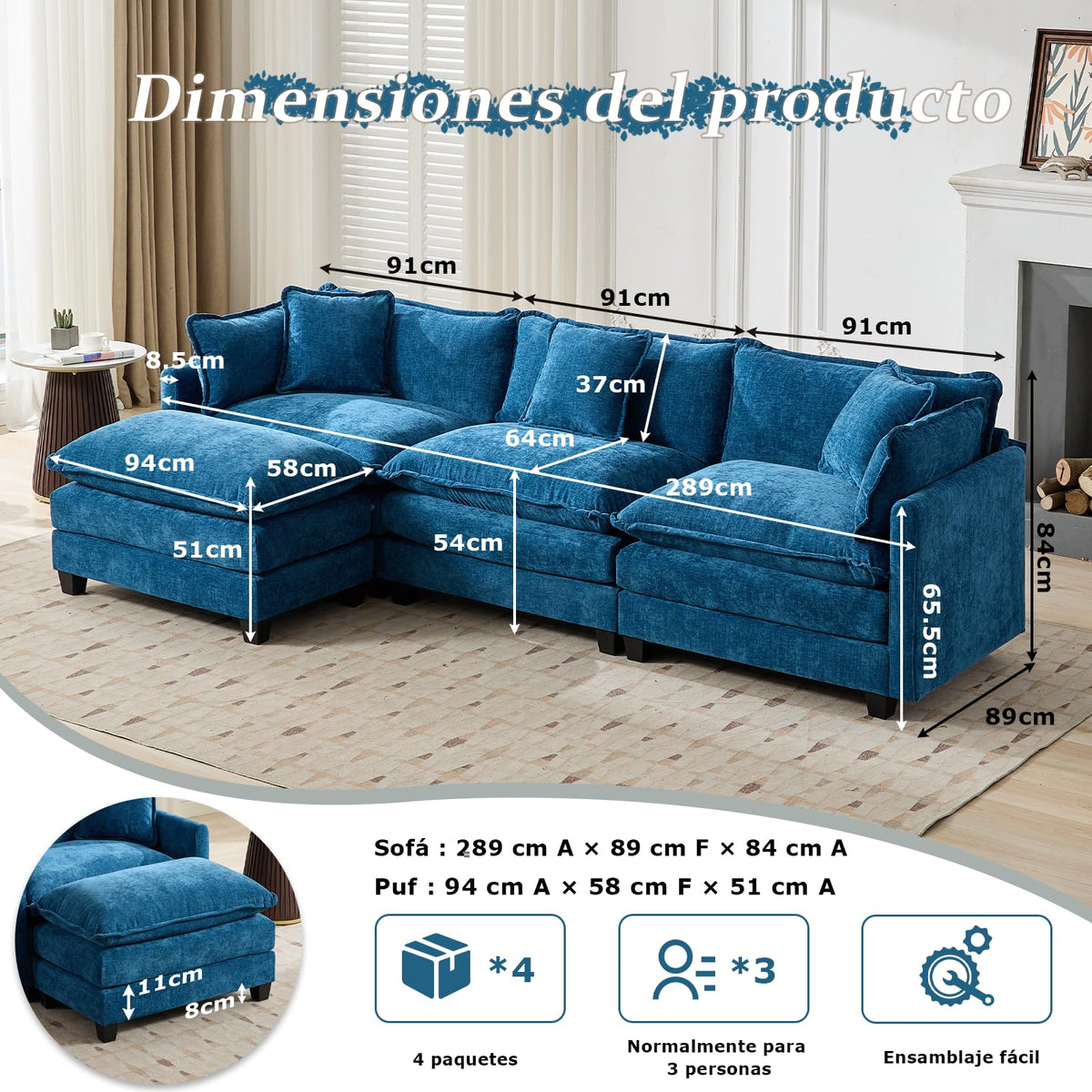 Sofá de salón modular 4 plazas 380cm, chenilla azul con cojines dobles