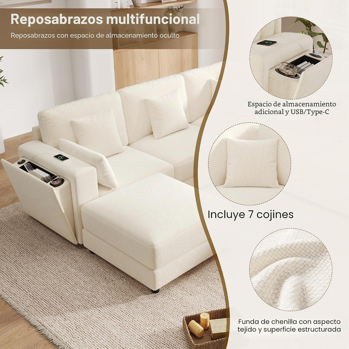 Sofá modular de 6 plazas, sofá esquinero en forma de L/U, puertos USB/tipo C, portavasos y espacio de almacenamiento, tela de chenilla, 7 cojines, salón, dormitorio y oficina, color beige