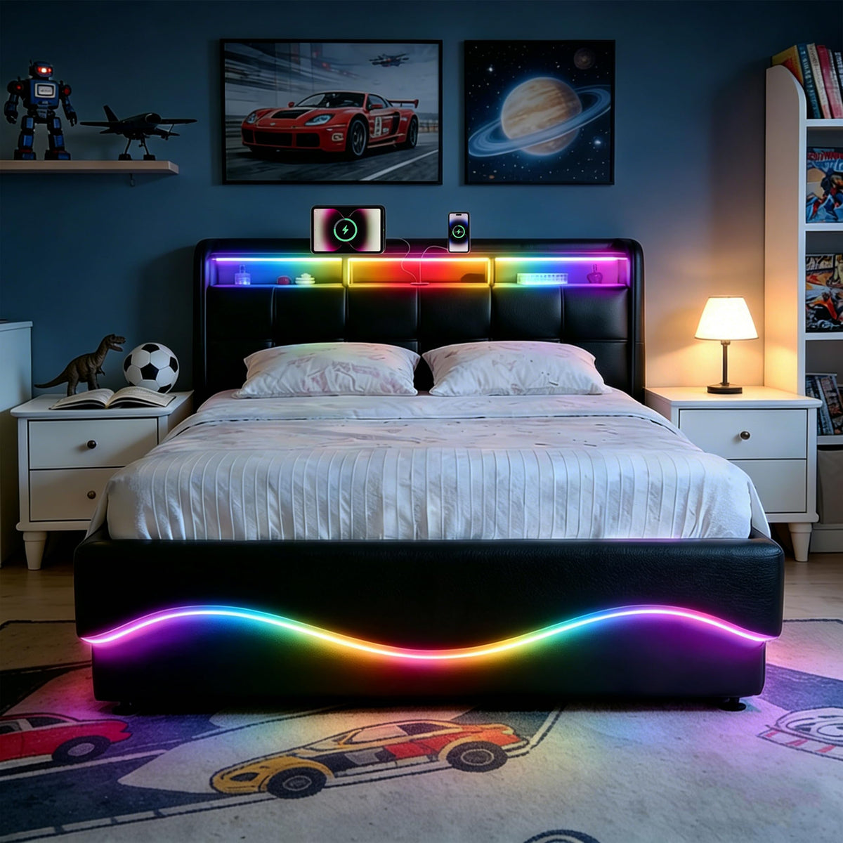 Estructura de Cama 140x200 cm con iluminación LED, Lino, Gris