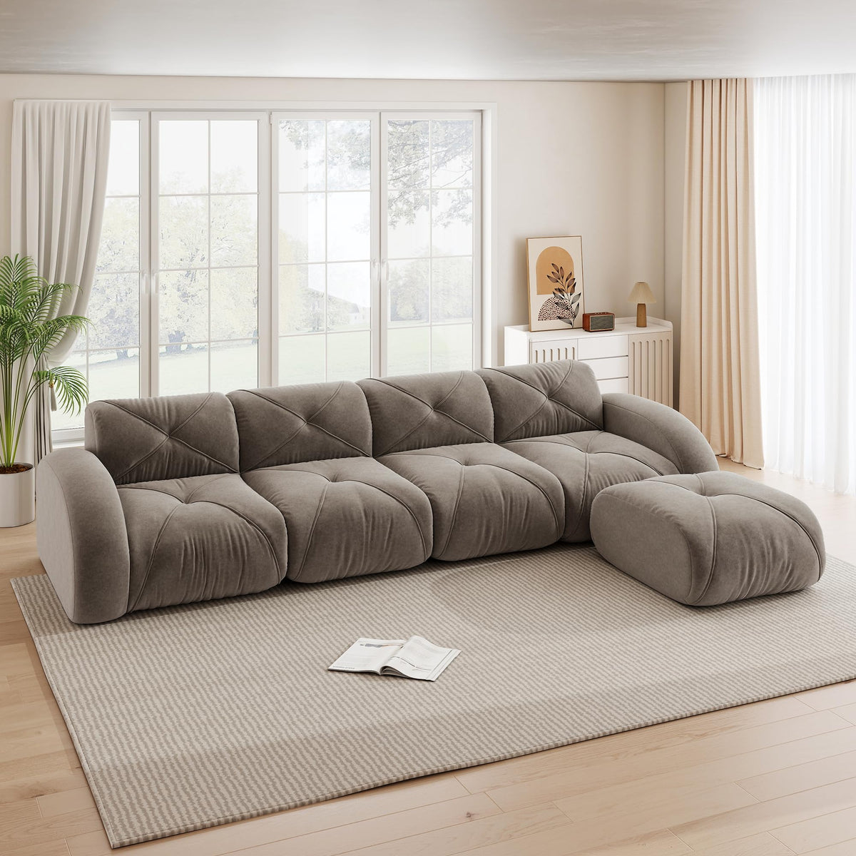 Sofá de esquina en forma de L de 4 plazas con reposapiés, sofá modular Cloud sin marcos de chenilla, sofá de estar suave, antideslizante, combinable de forma flexible, sin montaje, salón color
