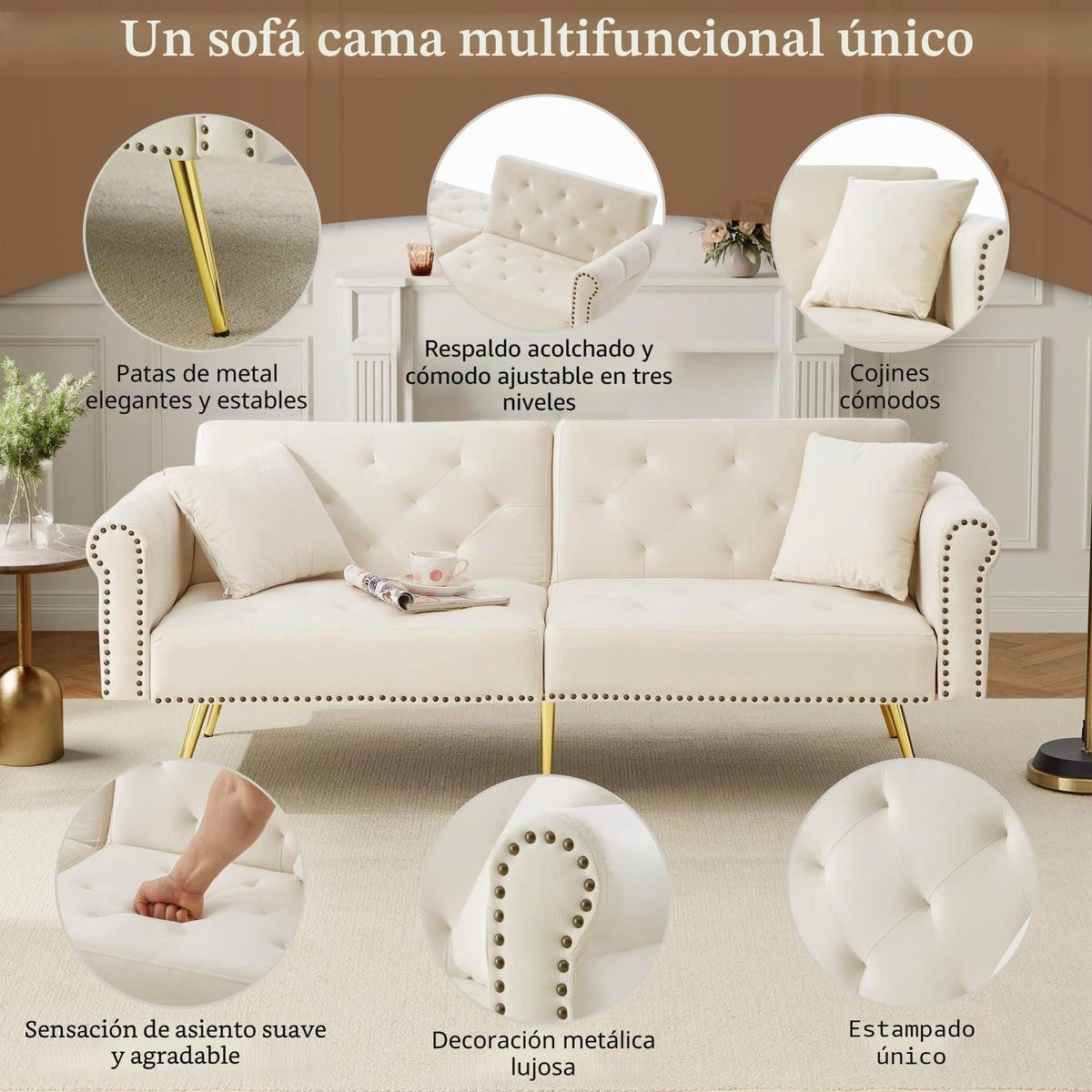 Sofá cama con esquinas ajustables, patas doradas, almohadas y bolsillos laterales para almacenamiento (Bavia)