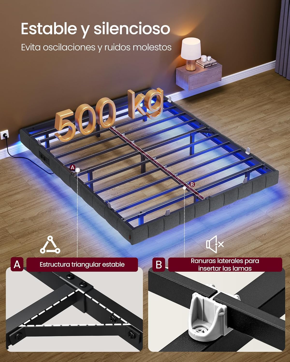 VASAGLE Marco de Cama Flotante, 140 x 200 cm, LED, 2 Tomas y 3 USB