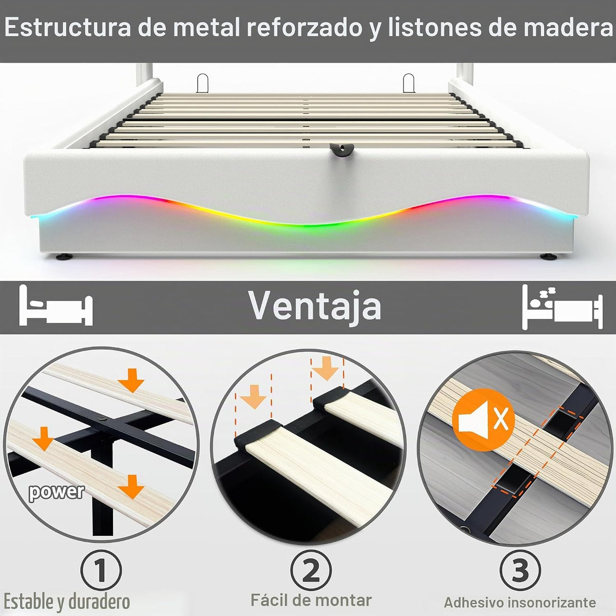 Estructura de Cama de Cuero 160x200cm con Carga USB Type-C, Blanco