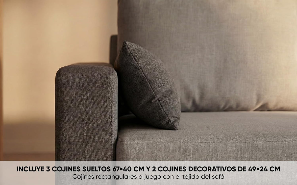 BUDWING Leah Sofá Cama Esquinero 3 Plazas - Chaise Longue Reversible y 2 Cojines Decorativos – Tapizado en Poliéster – Estilo Moderno – 233x124x69 cm – Gris Bicolor