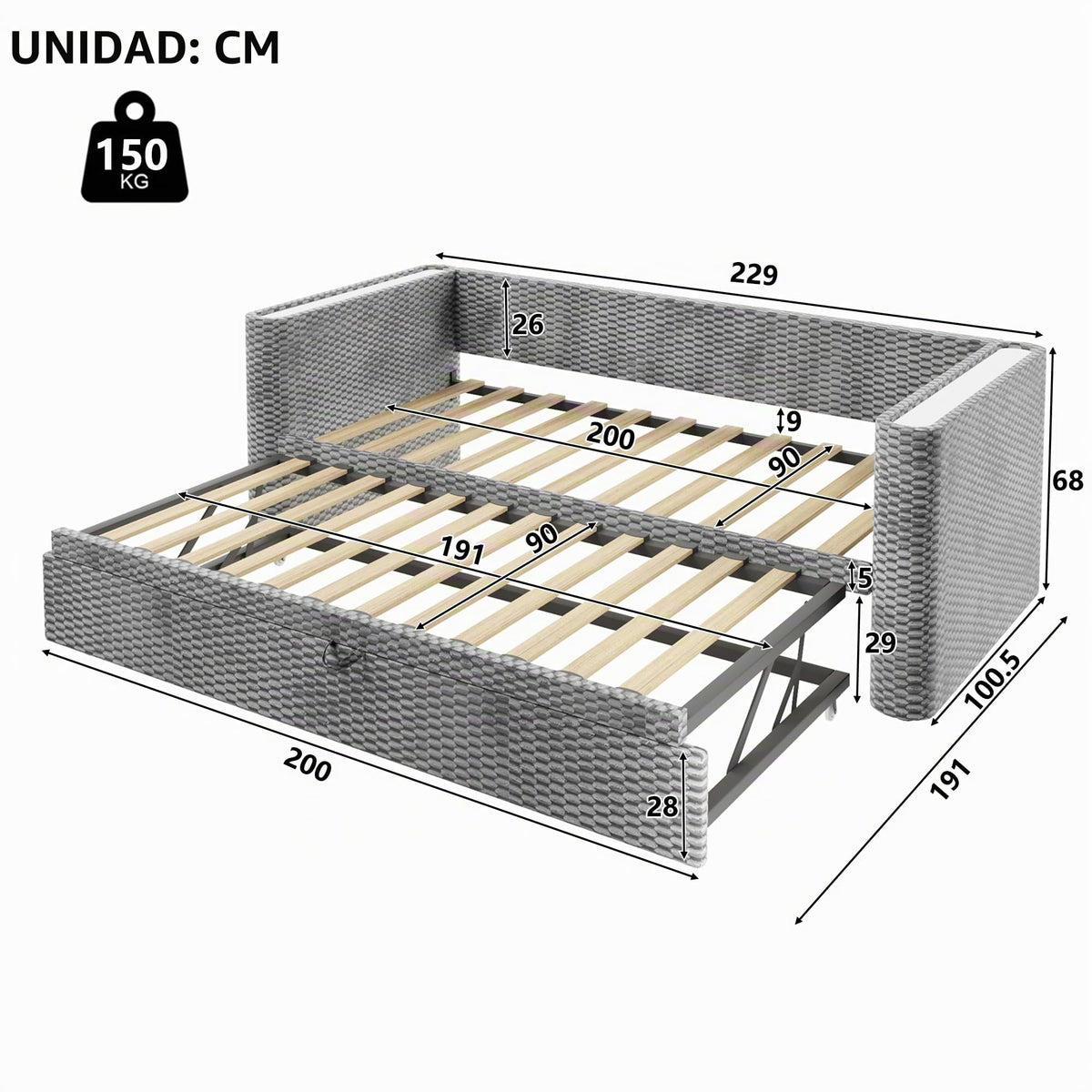 Moimhear Cama de día, diván cama, sofá cama, diseño de cama extensible multifuncional con tira de luz LED, somier de listones (sin colchón), terciopelo (beis, 90 x 200 cm+180 x 200 cm)