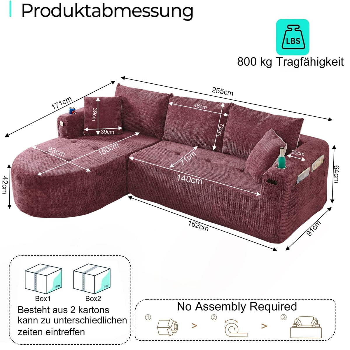 KOMHTOM Sofá Chaise Longue en L con Cojines (Negro)