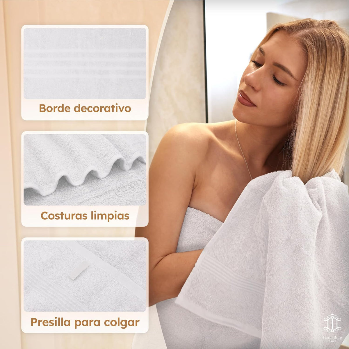 Luxe Set de Toallas 100% Algodón - 8 Piezas, 3 tamaños (30×30, 40×70 y 65×137 cm) - Suaves, absorbentes y de fácil Cuidado, Blanco