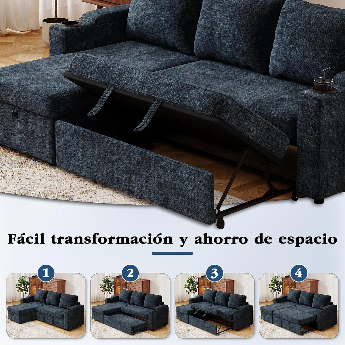 Devoko Sofá Cama L 3 plazas Azul Marino con almacén y portavasos, sofá Convertible Suave para salón y Piso, multifunción con Brazos amplios y Gran almacenaje