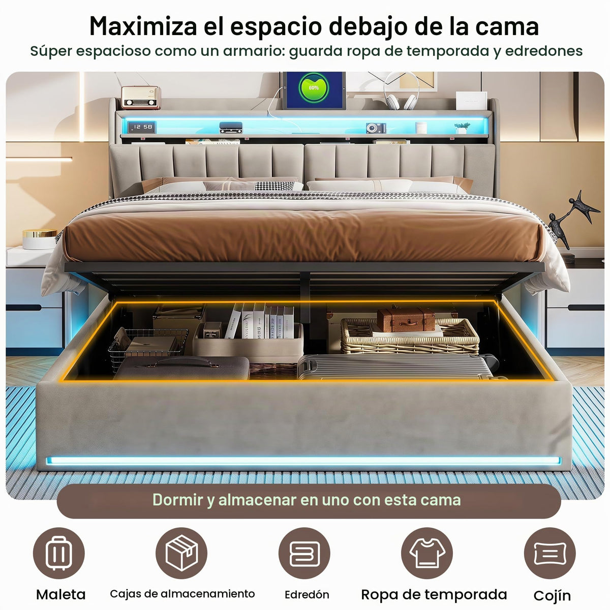 Cama tapizada de 160 x 200 cm, cama doble LED con espacio de almacenamiento, cabecero y función de carga USB C, cama de almacenamiento hidráulico, respaldo con somier de láminas de madera