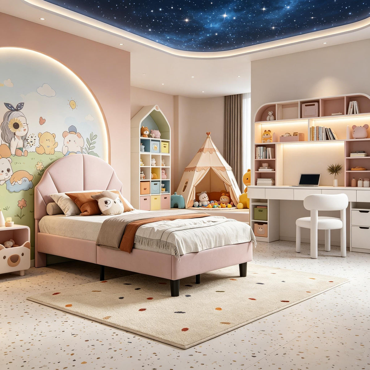 Cama Infantil tapizada 140 x 200 cm con LED, Cama tapizada para niños 140 x 200 con cabecera Ajustable Marco de Camas, Camas de Princesa para Niña en Forma de Corona con Somier(Rosa, 140 x 200)