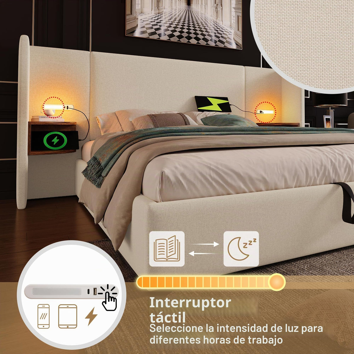 Camas Matrimoniales 160x200 con Cabecero Extendido y Espacio de Almacenaje Hidráulica, Cama Matrimonio con Lámpara de Lectura, Cama Doble con Puerto USB y Tipo C, Lino, Gris, Sin Colchón
