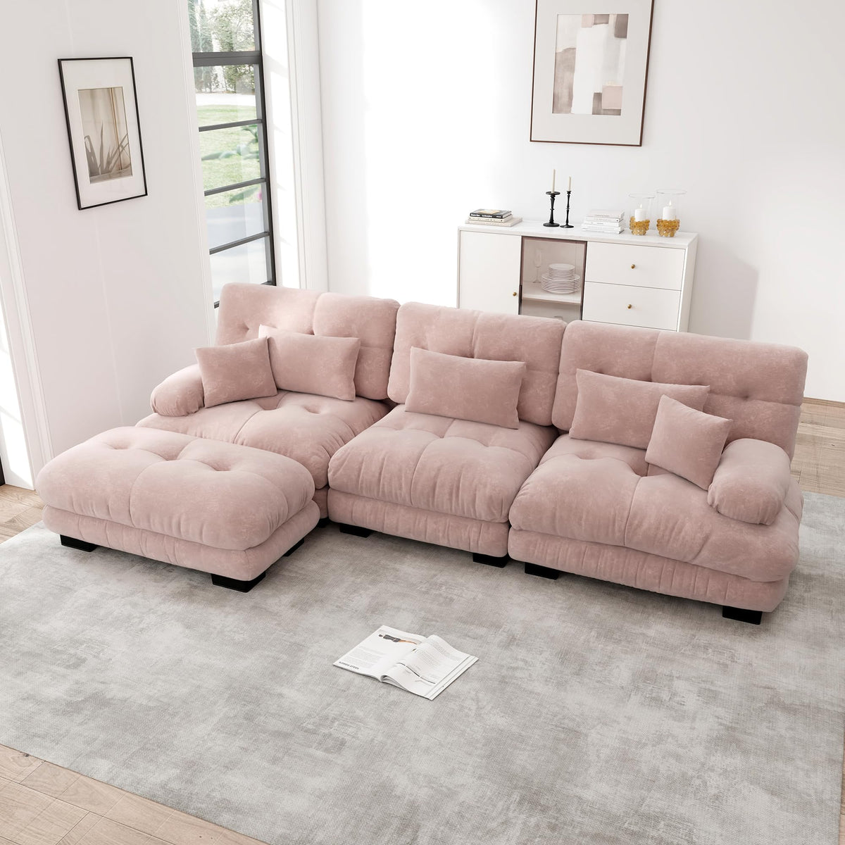Sofá seccional Cloud en forma de L de 4 plazas con otomana móvil, ciniglia paisaje residencial con asiento profundo y reposabrazos anchos, gran sofá de sala para apartamento