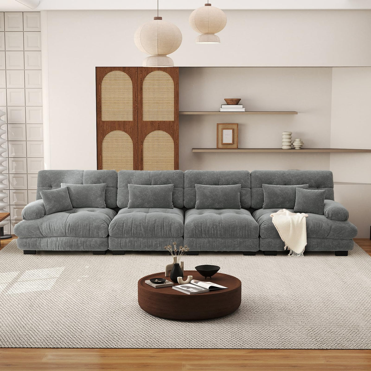 SoarFlash Sofá U Modular de 4 plazas para salón Moderno, sofá Nube de Tela Chenille con reposabrazos, Color Amarillo, 145×406 cm