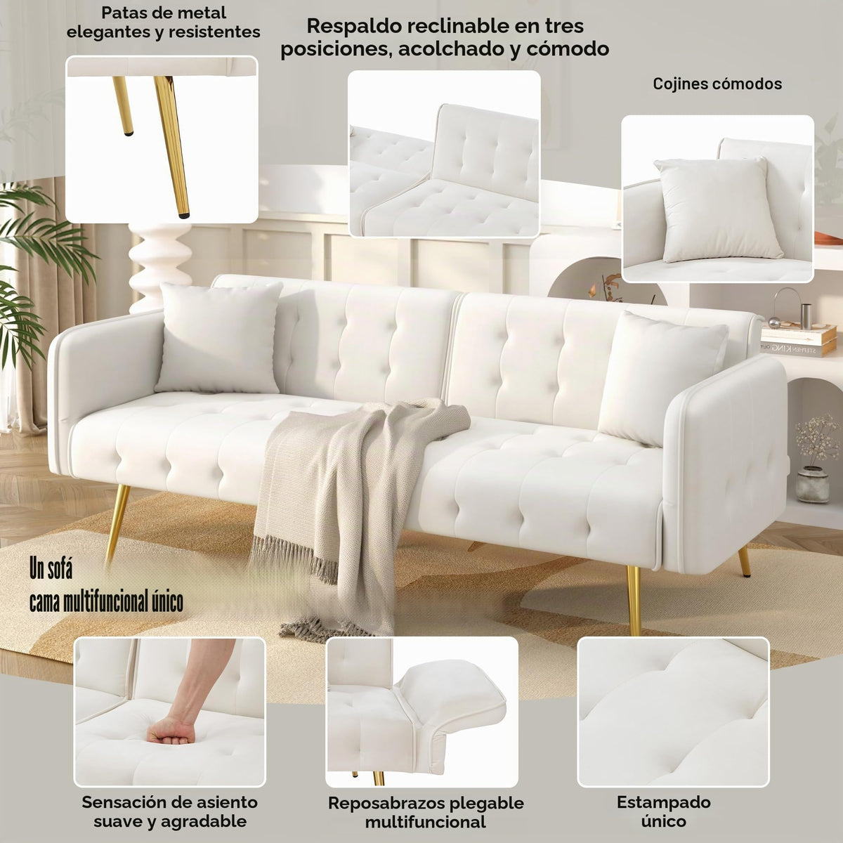 Sofá cama con esquinas ajustables, patas doradas, almohadas y bolsillos laterales para almacenamiento (Bavia)