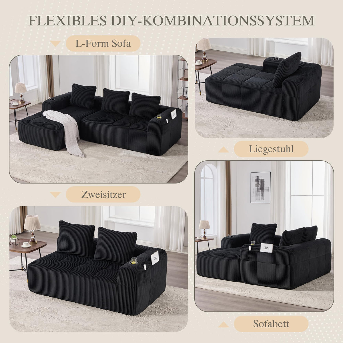 Dolamaní Sofá compacto de 3 plazas de pana con 3 cojines, sofá esquinero en forma de L con función de dormir, suave y modular, asiento extraprofundo, sin montaje, para salón (gris oscuro)