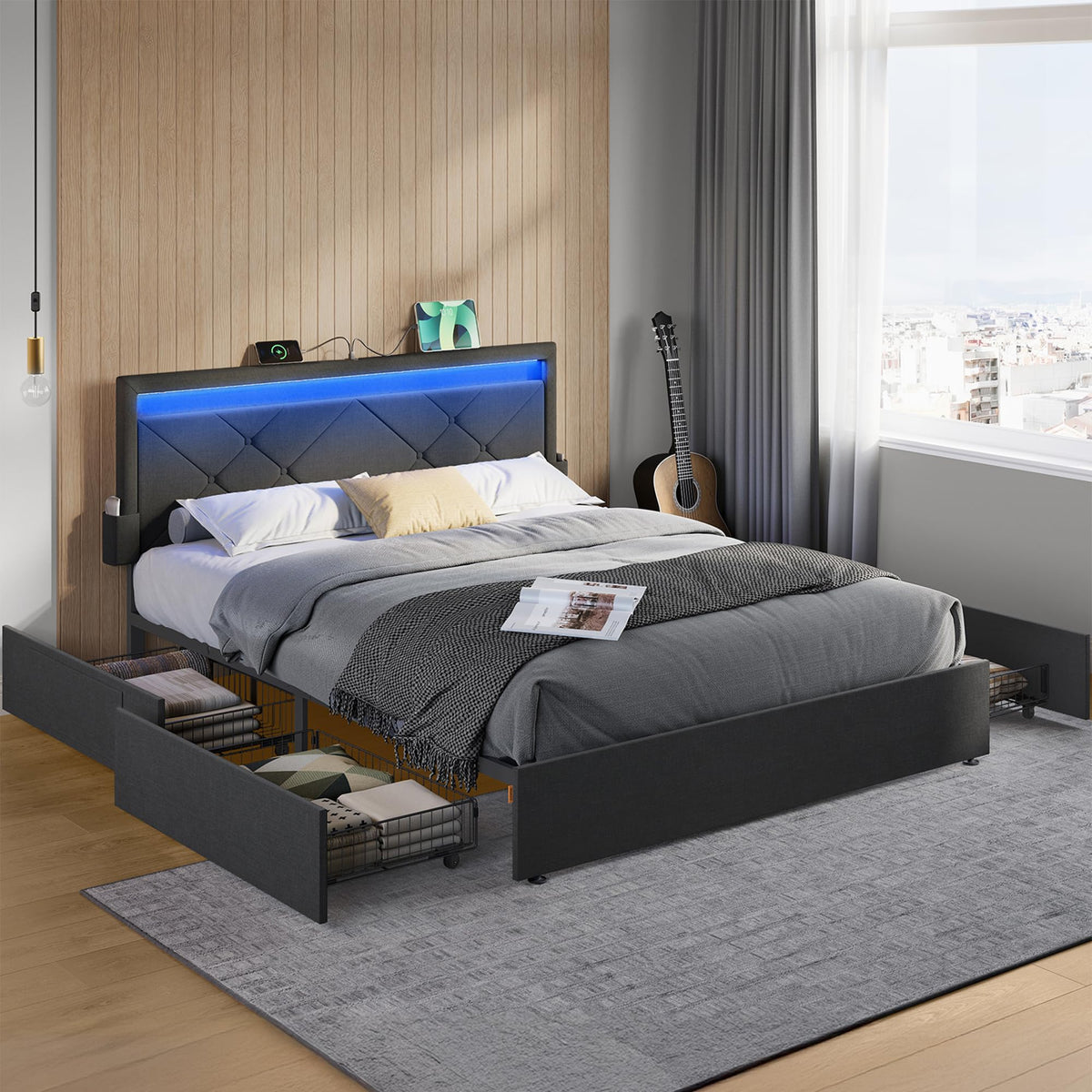 VASAGLE Marco de Cama Matrimonio, Base con Listones, 140 x 200 cm, LED, Metal, 4 Cajones, Estación de Carga, Cabecero Acolchado Ajustable, Gris Pizarra RMB827G02