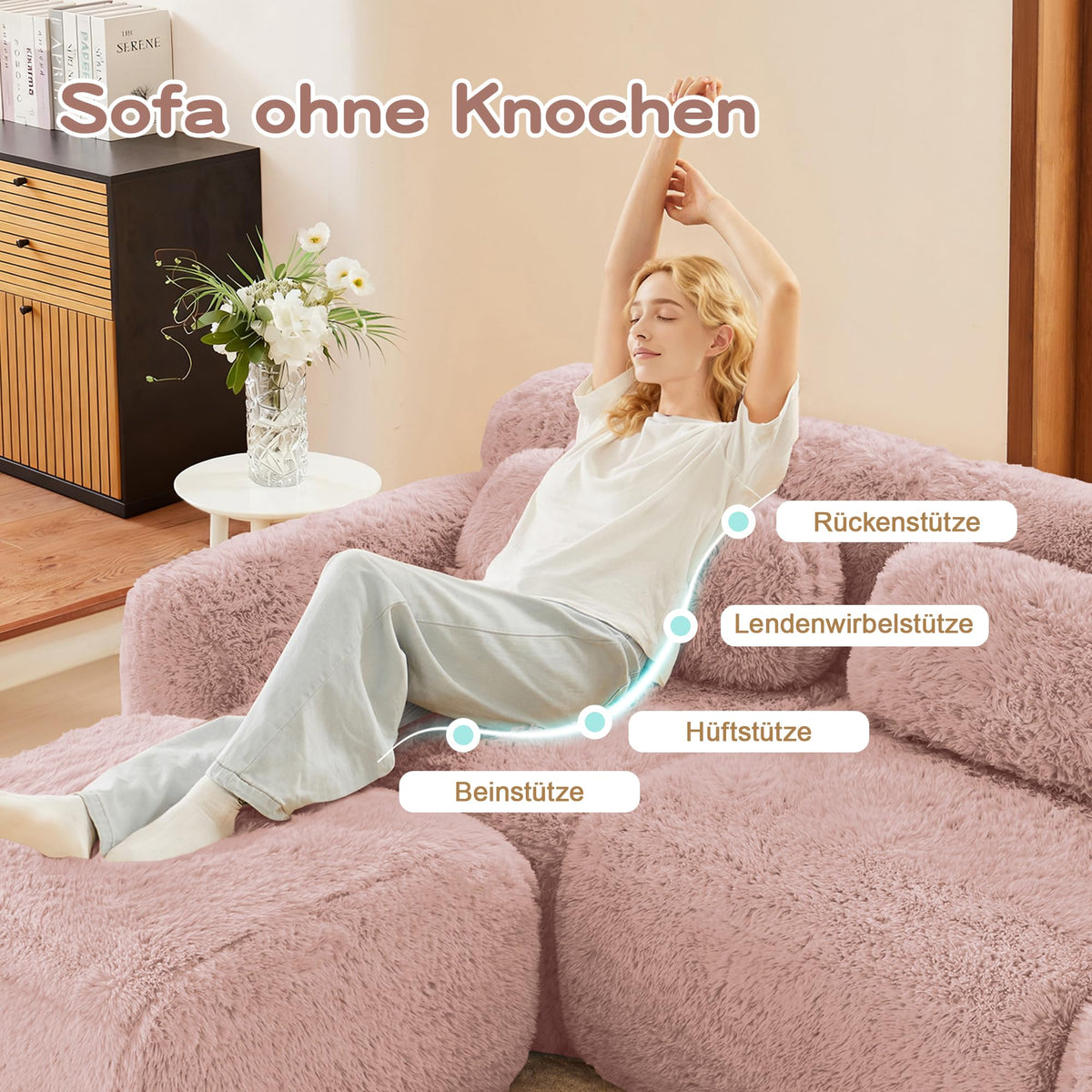 Sofá modular combinable en forma de L de 4 plazas, tejido de felpa con cojines, espuma de alta elasticidad, diseño chaise longue para salón o dormitorio (negro)