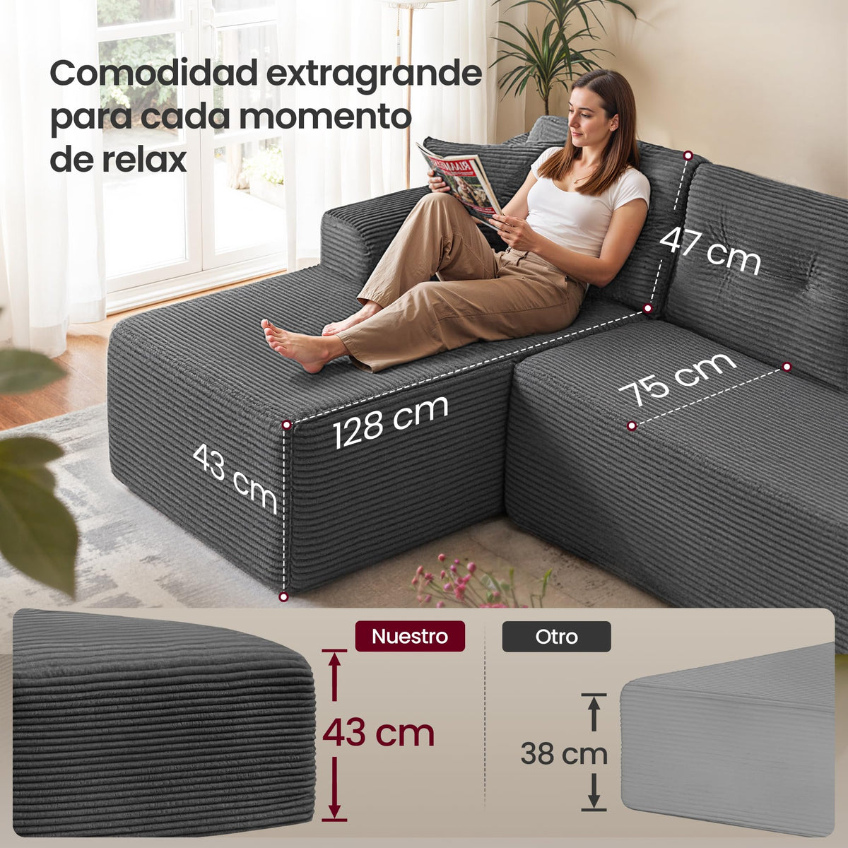 VASAGLE Sofá con Chaise Longue, Esquinero de Pana, Diseño Modular de 3 Plazas, 242 x 152 x 73 cm, Negro, para Salón, Colección Camila LCS183B101