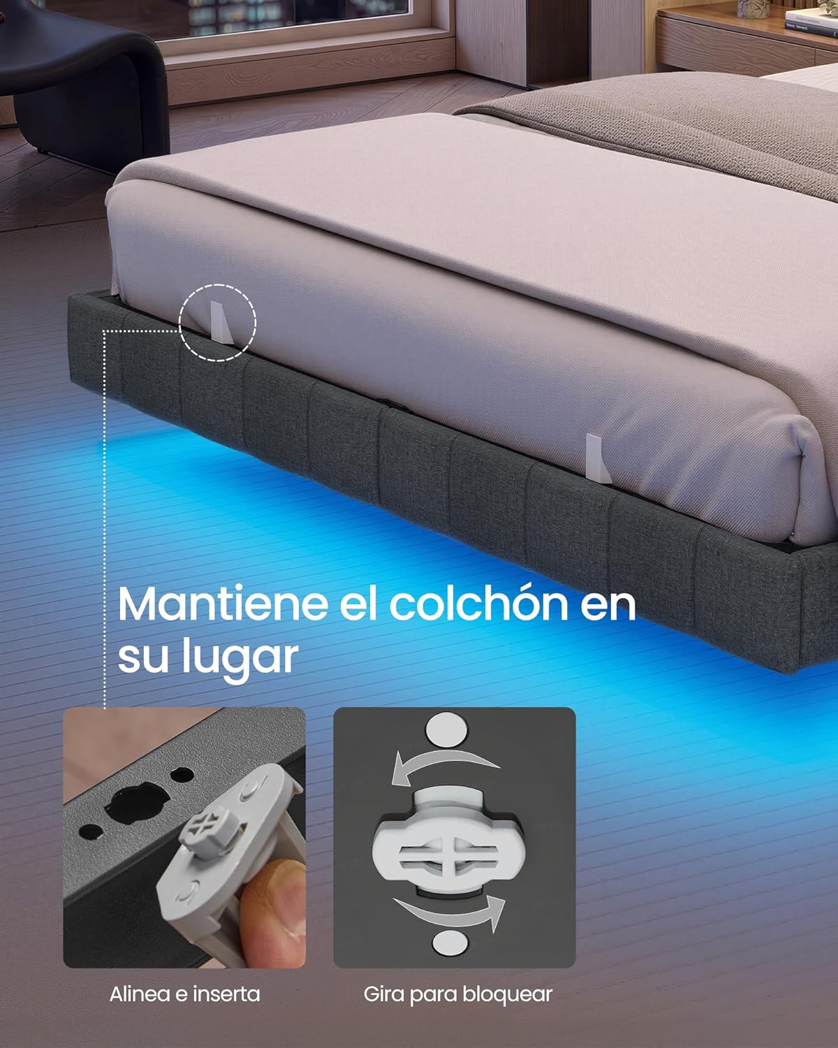 VASAGLE Marco de Cama Flotante, 140 x 200 cm, LED, 2 Tomas y 3 USB