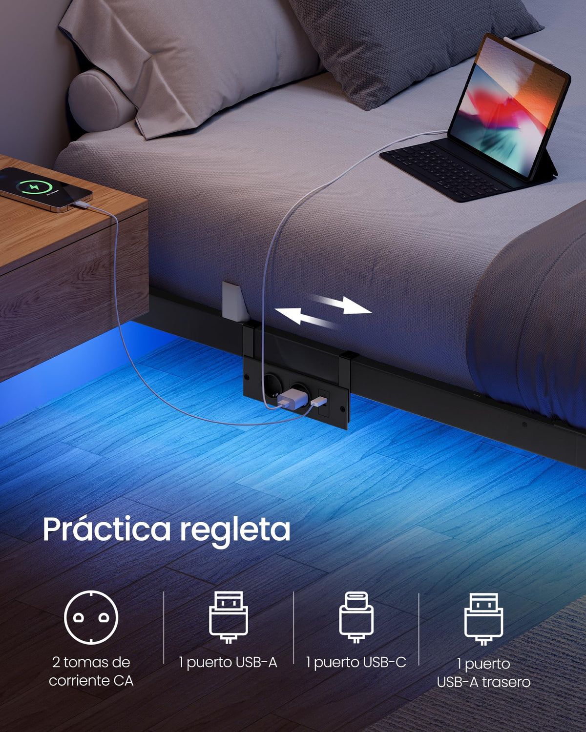 VASAGLE Marco de Cama Flotante, 140 x 200 cm, LED, 2 Tomas y 3 USB