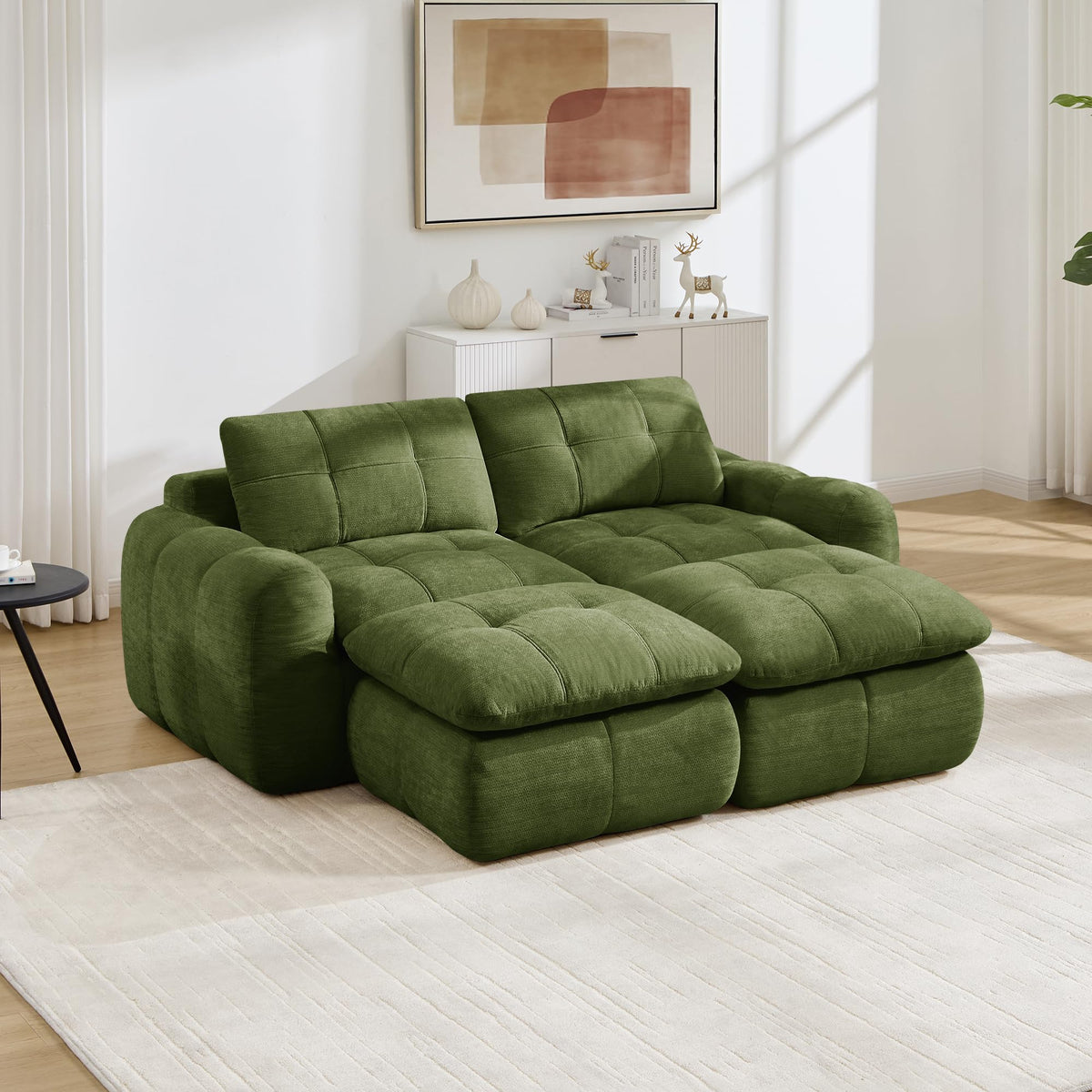 Sofá de 3 plazas con 1 taburete chenilla beige