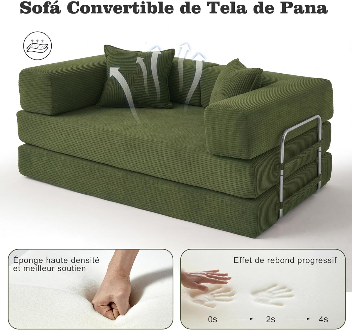 Vipbear Sofá Cama Pana 200×100×70 cm, sofá de Suelo transformable 5 en 1, Espuma de Alta Densidad, Apto para Mascotas y ergonómico, sin Montaje, Verde