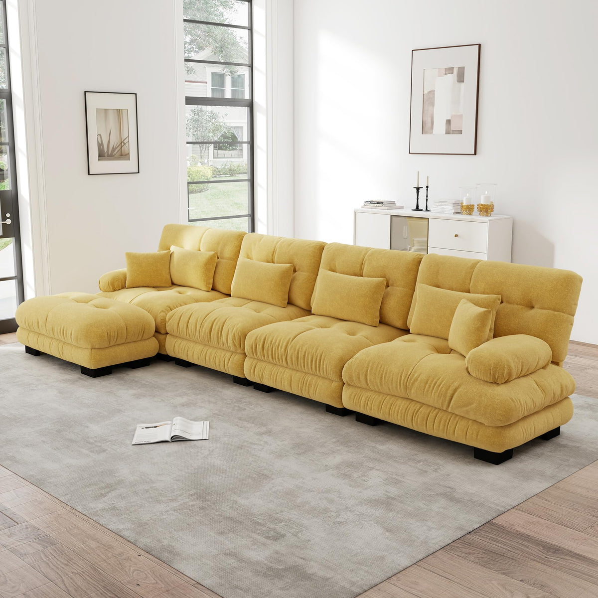 Sofá seccional Cloud en forma de L de 4 plazas con otomana móvil, ciniglia paisaje residencial con asiento profundo y reposabrazos anchos, gran sofá de sala para apartamento