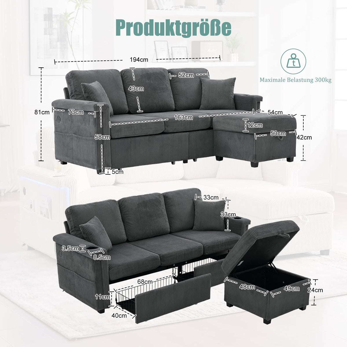 Dolamaní Sofá de terciopelo de 3 plazas con 2 cajones, soporte para bebidas, bolsillos laterales y reposapiés para sala de estar, dormitorio y oficina (beige)