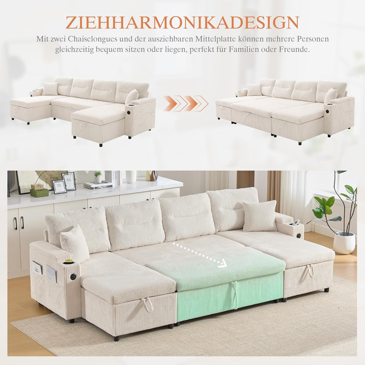 Dolamaní Sofá moderno de 4 plazas de tela de lino con espacio de almacenamiento y función de dormir, sofá cama con cajonera extensible en forma de L para casa y salón (beige B)
