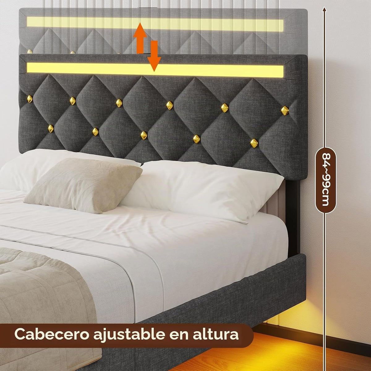 DICTAC Cama tapizada de 140 x 190 cm con carga USB e iluminación LED, cabecero con LED, cama doble con somier, cama juvenil, cama funcional, tela de lino, sin colchón