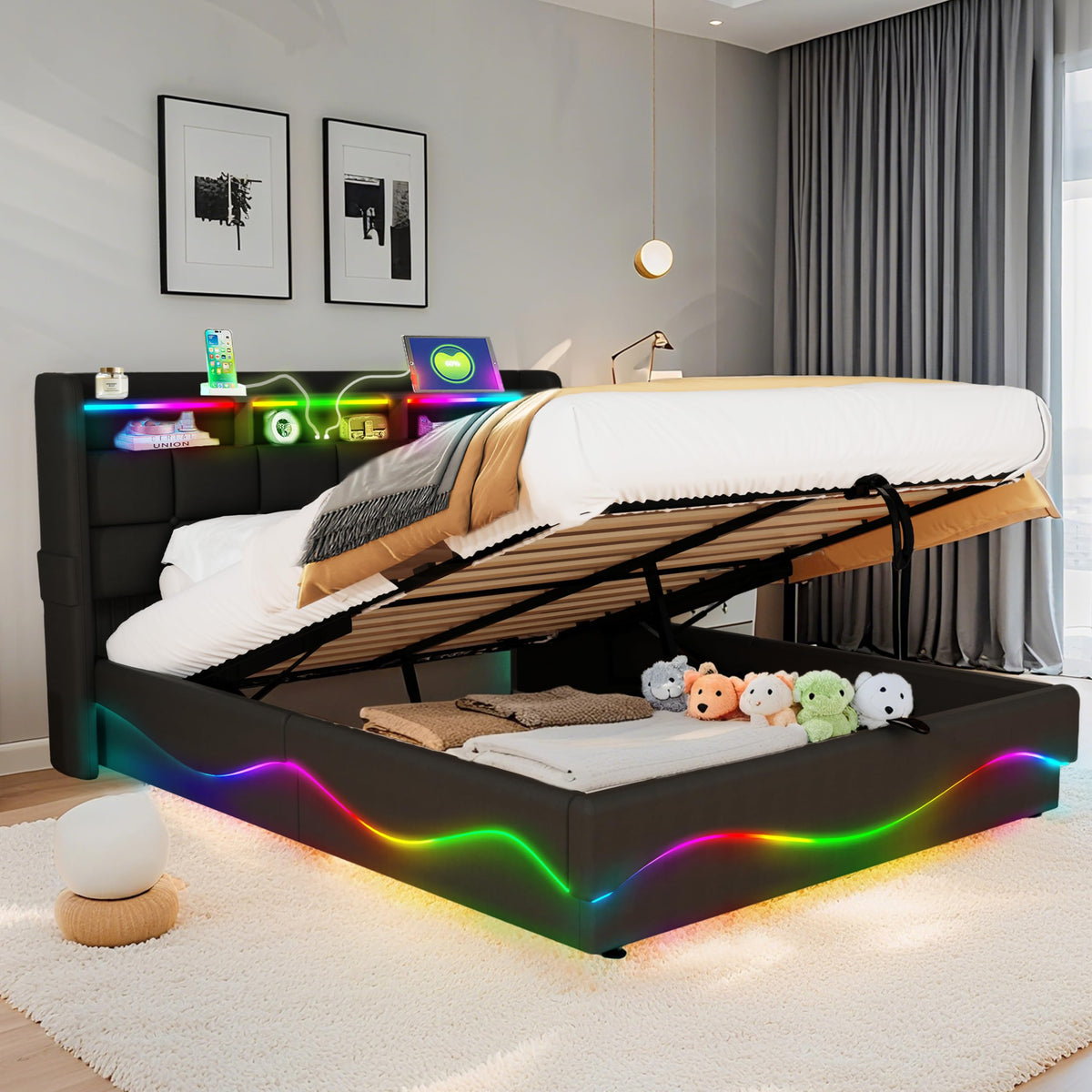 Estructura de Cama de Cuero 160x200cm con Carga USB Type-C, Blanco