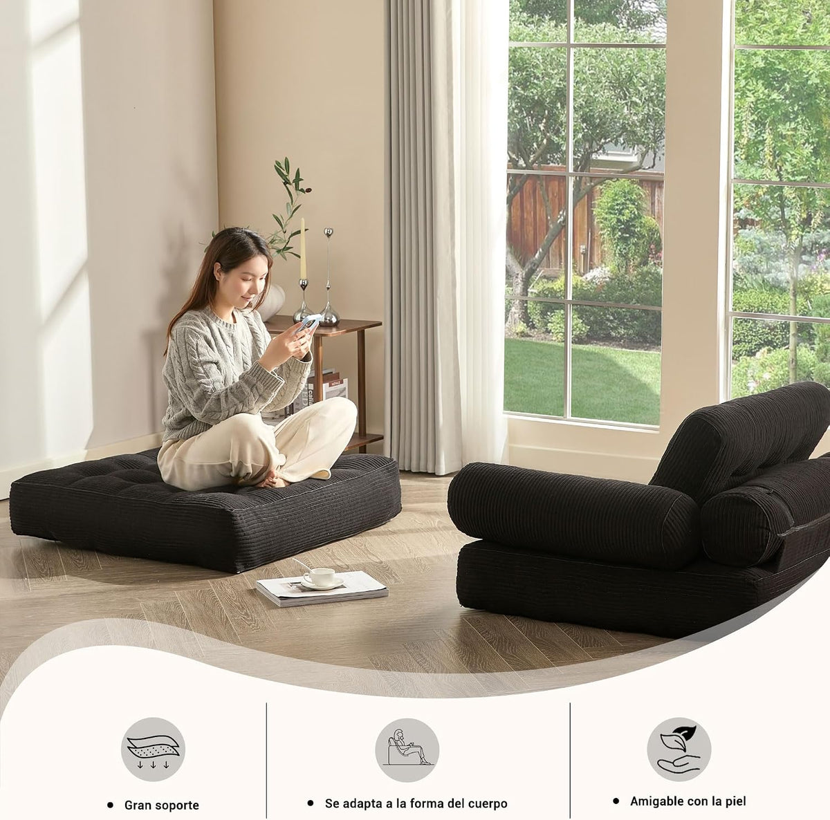 Sofá Convertible 4 en 1, Sofá Cama 1 Plaza, Pana, Negro