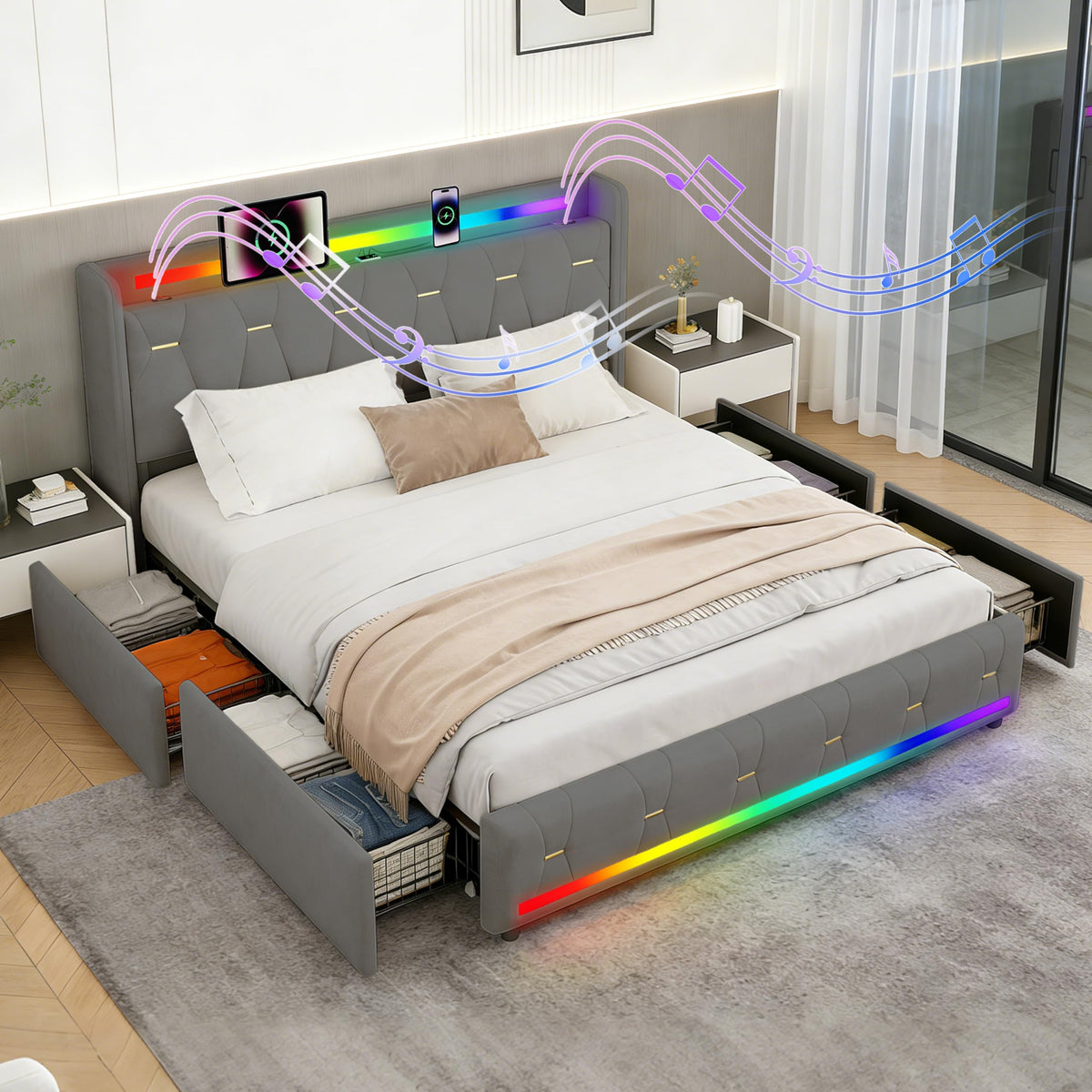 Estructura de Cama 140x200 cm con iluminación LED, Lino, Gris