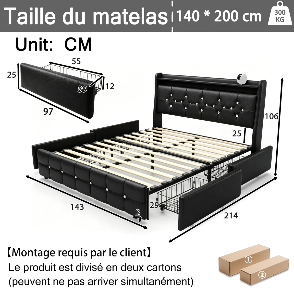 Armazón de Cama de Cuero 140x200cm con luz LED, Blanco