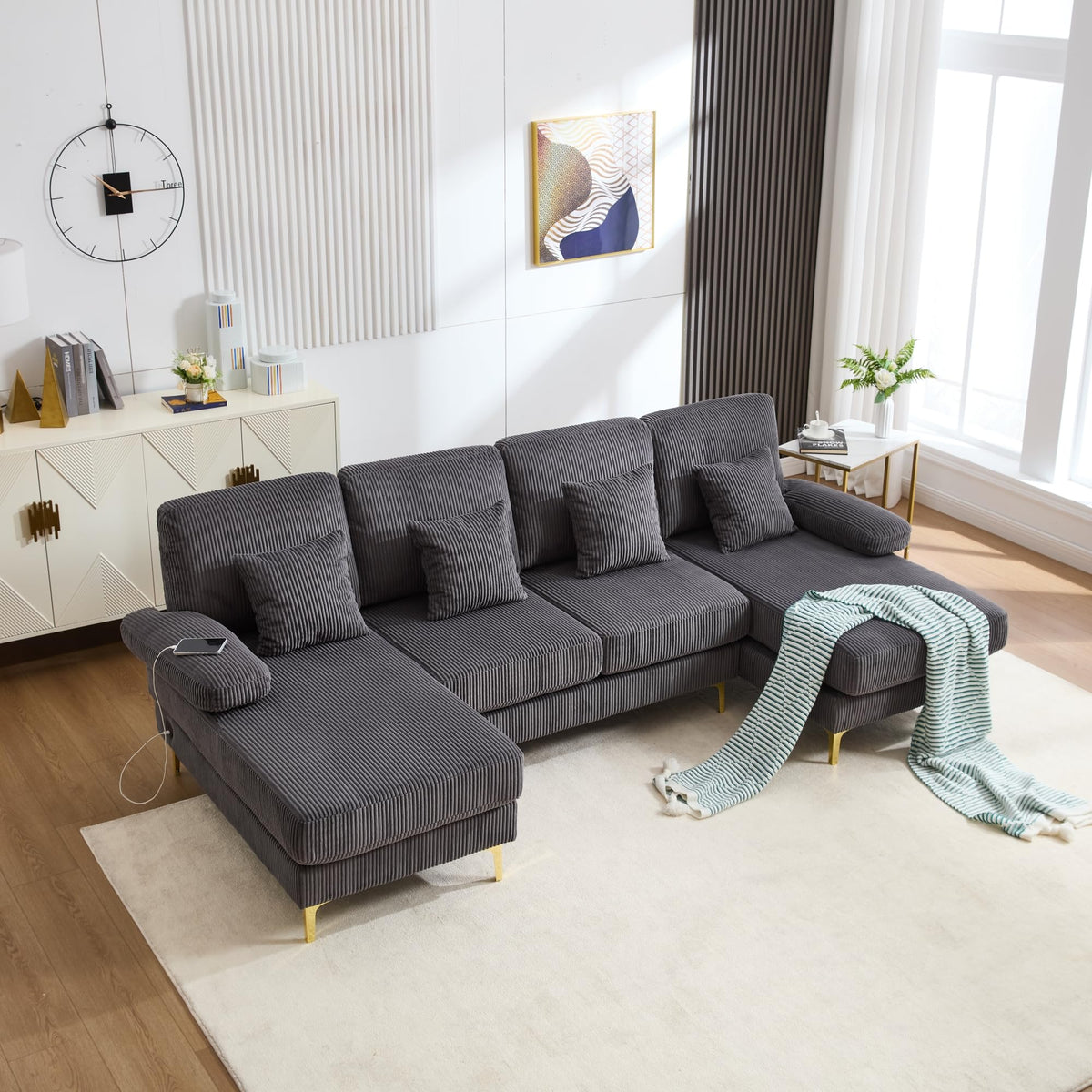 Sapgaks Sofá Seccional en U Moderno,Sofá 4 plazas,Mueble Acolchado de diseño Moderno,Tela de Chenilla (Beige)