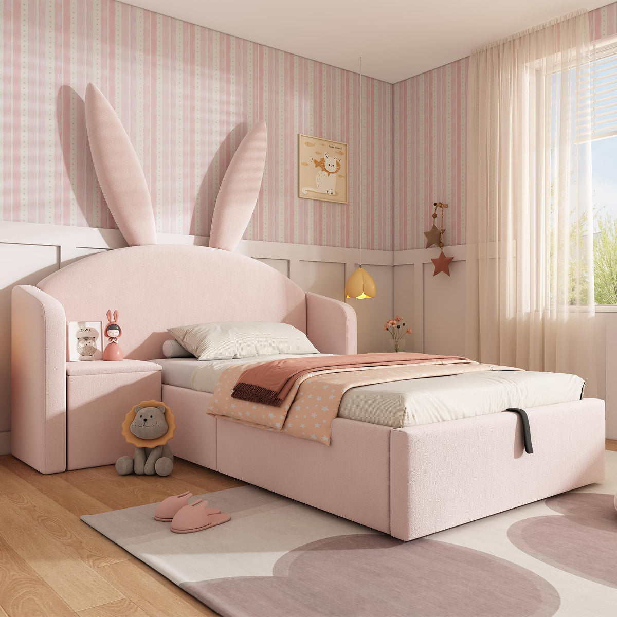 Kebnor Cama tapizada de terciopelo, orejas de conejo, cabecero con espacio de almacenamiento y mesita de noche, cama juvenil de diseño (sin colchón) (beis, 90 x 190 cm)
