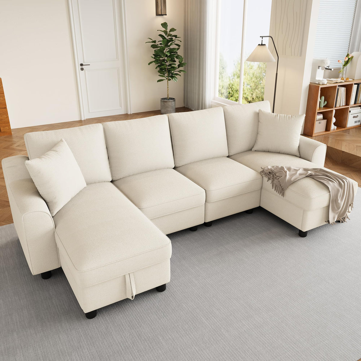 Sofá moderno de chenilla en forma de U con chaise longue, sofá esquinero de 4 plazas con espacio de almacenamiento, puerto USB y tipo C, modular, con soporte para bebidas y cojines suaves