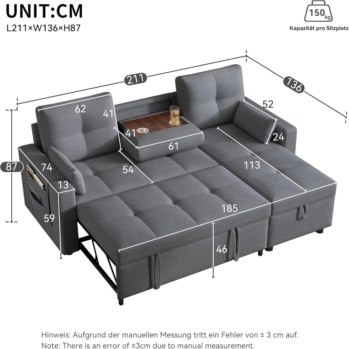 Bladez Sofá cama extensible en forma de L de lino con espacio de almacenamiento, soporte para bebidas, sofá modular de 3 plazas para salón (gris)