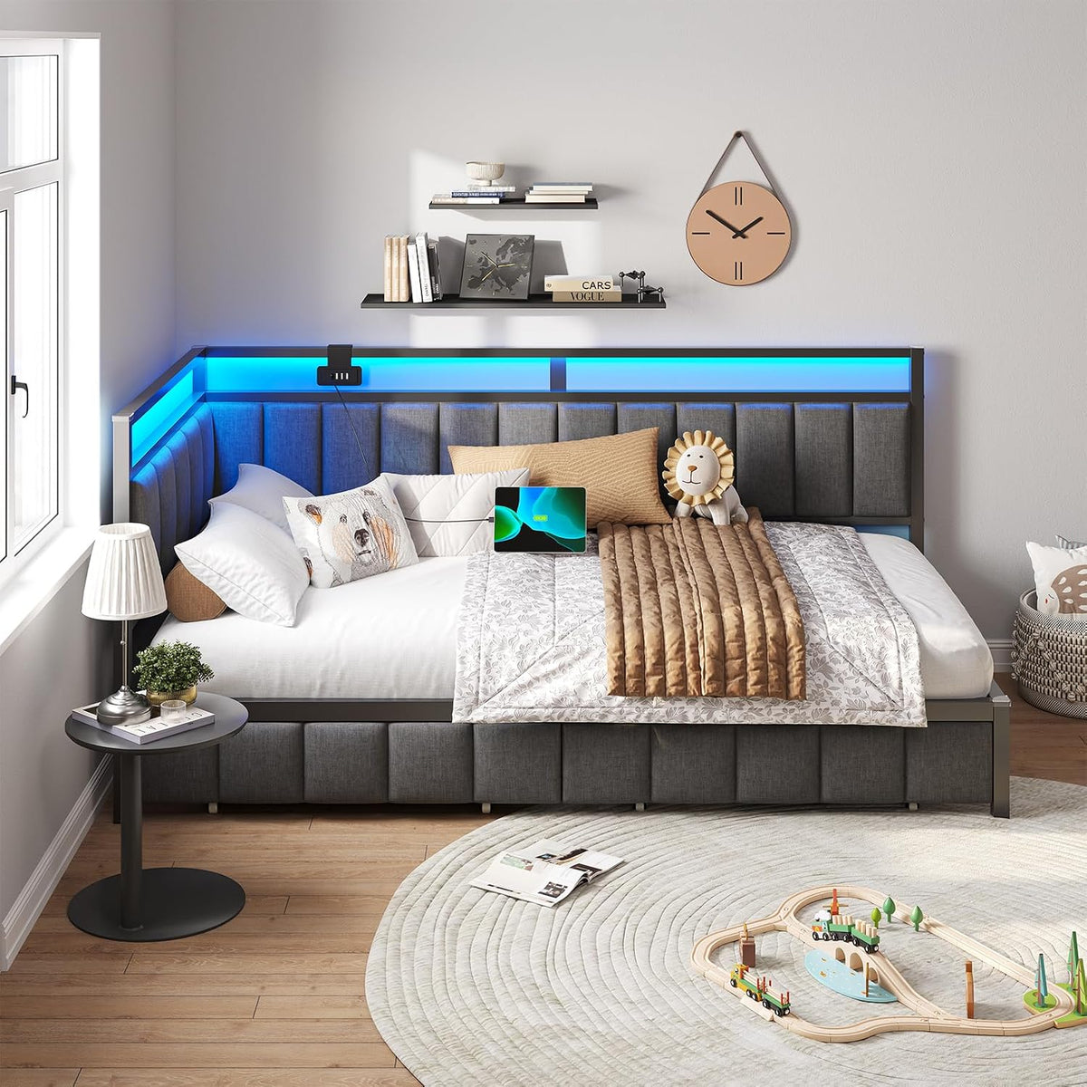 DICTAC Cama Tapizada Sofá Cama 90 x 190 cm con iluminación LED y Toma USB,Camas Juvenil con 2 cajones de Almacenamiento, Estructura de Cama de 90x190 con somier de láminas de Metal, Gris Oscuro