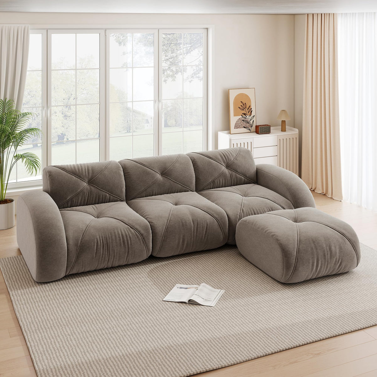 Sofá de esquina en forma de L de 4 plazas con reposapiés, sofá modular Cloud sin marcos de chenilla, sofá de estar suave, antideslizante, combinable de forma flexible, sin montaje, salón color